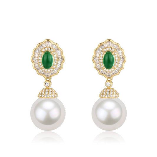 Large Pearl and CZ Green Gem Earrings