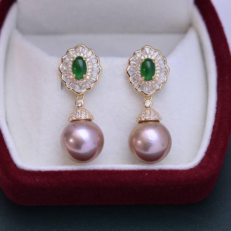 Large Pearl and CZ Green Gem Earrings