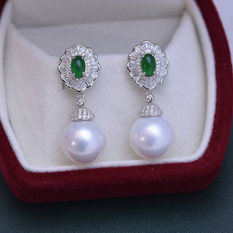 Large Pearl and CZ Green Gem Earrings