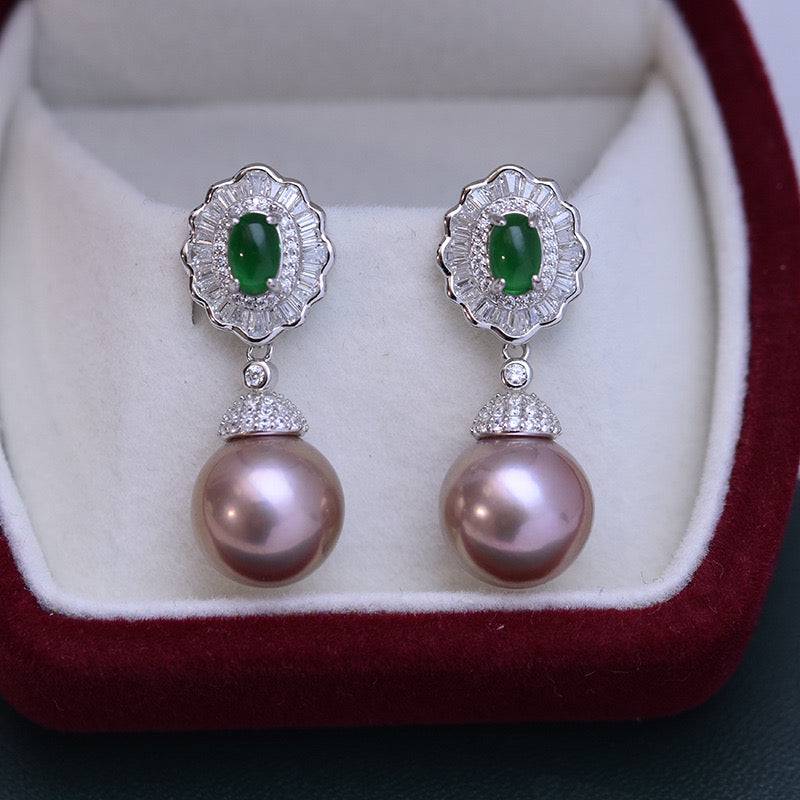 Large Pearl and CZ Green Gem Earrings