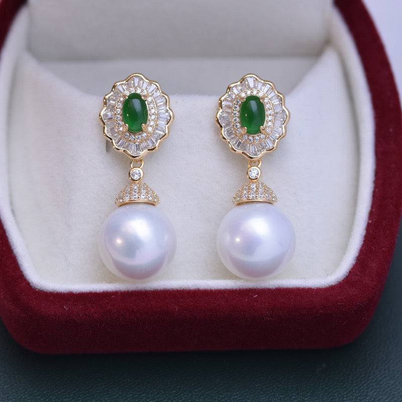 Large Pearl and CZ Green Gem Earrings