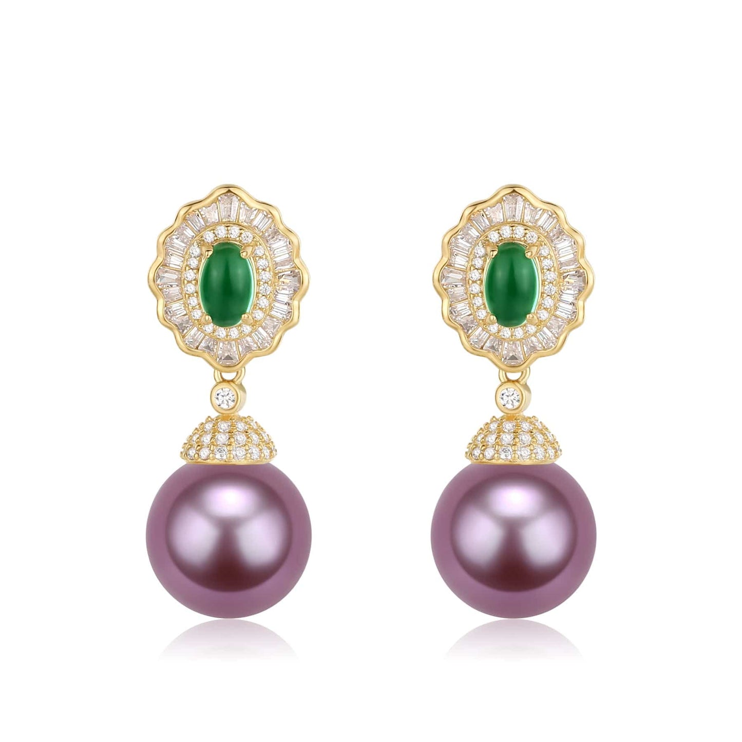 Large Pearl and CZ Green Gem Earrings