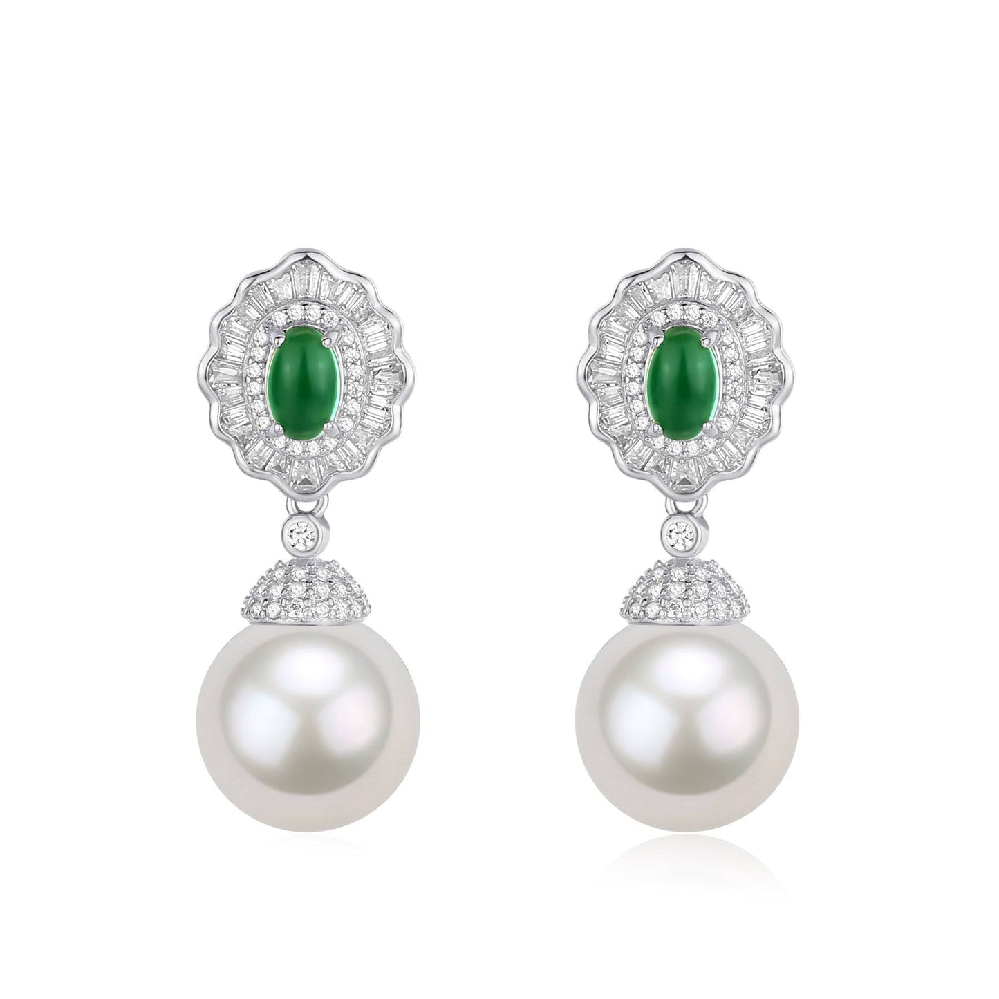 Large Pearl and CZ Green Gem Earrings