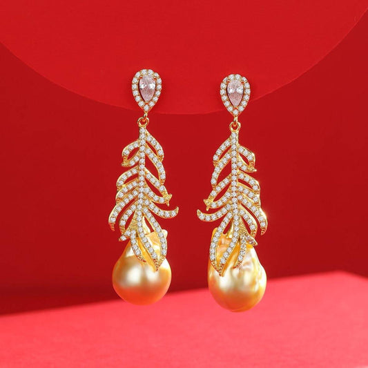 Champagne Golden Baroque Pearl and Feather Earrings