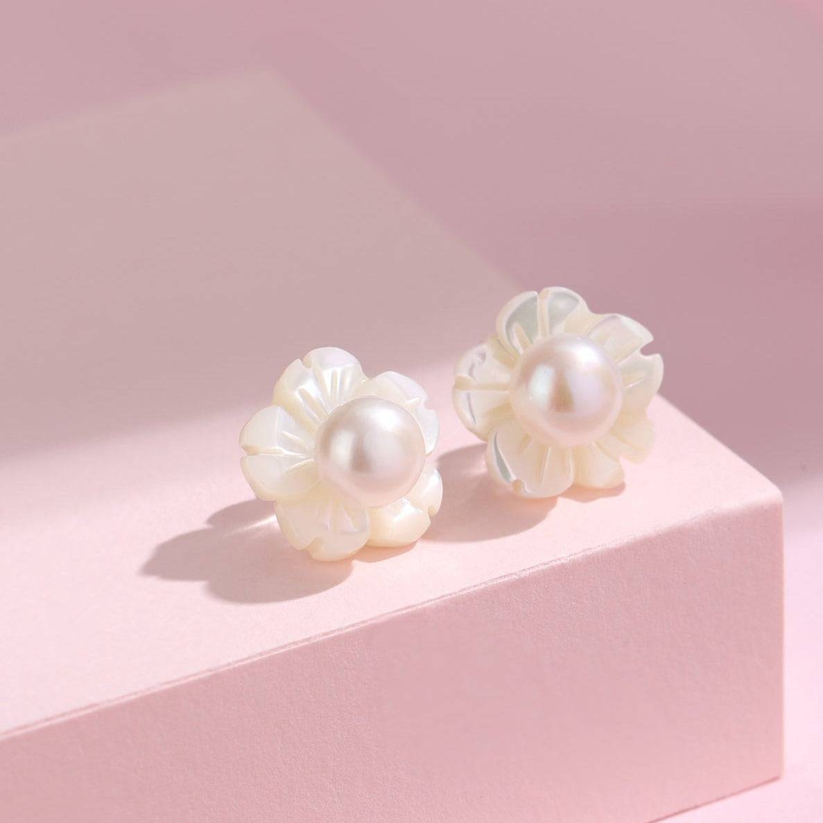 Floral Freshwater Pearl Ear Stud Earrings Set