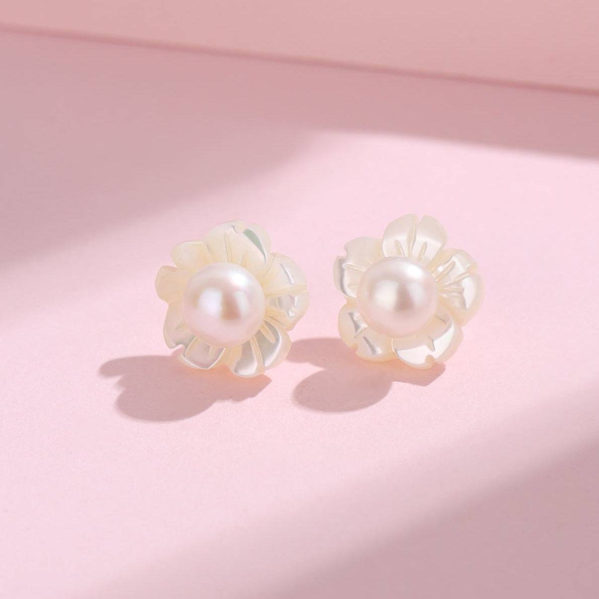 Floral Freshwater Pearl Ear Stud Earrings Set