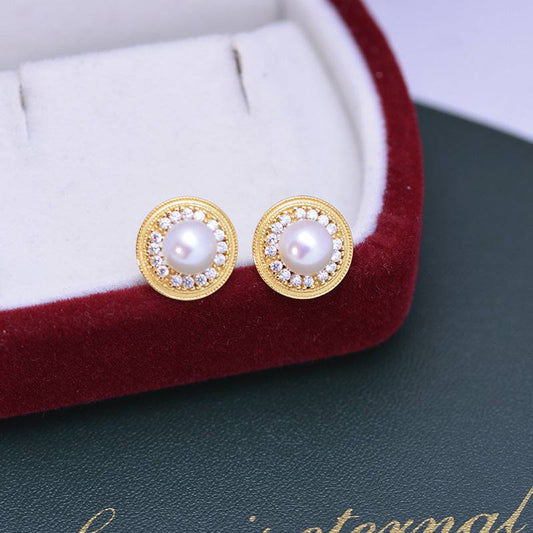 White Freshwater Pearl Sunflower Stud Earrings