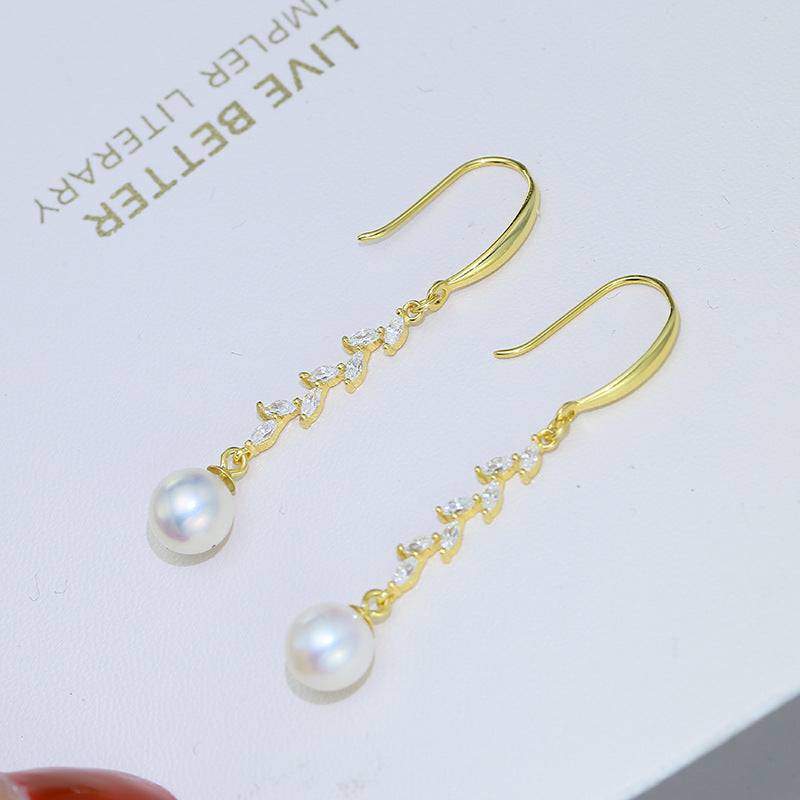 Freshwater Pearl and Long Leaf Earrings with Cubic Zirconia