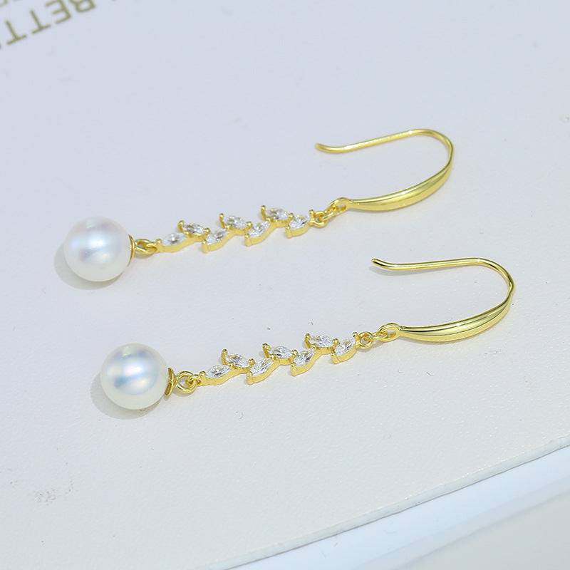 Freshwater Pearl and Long Leaf Earrings with Cubic Zirconia