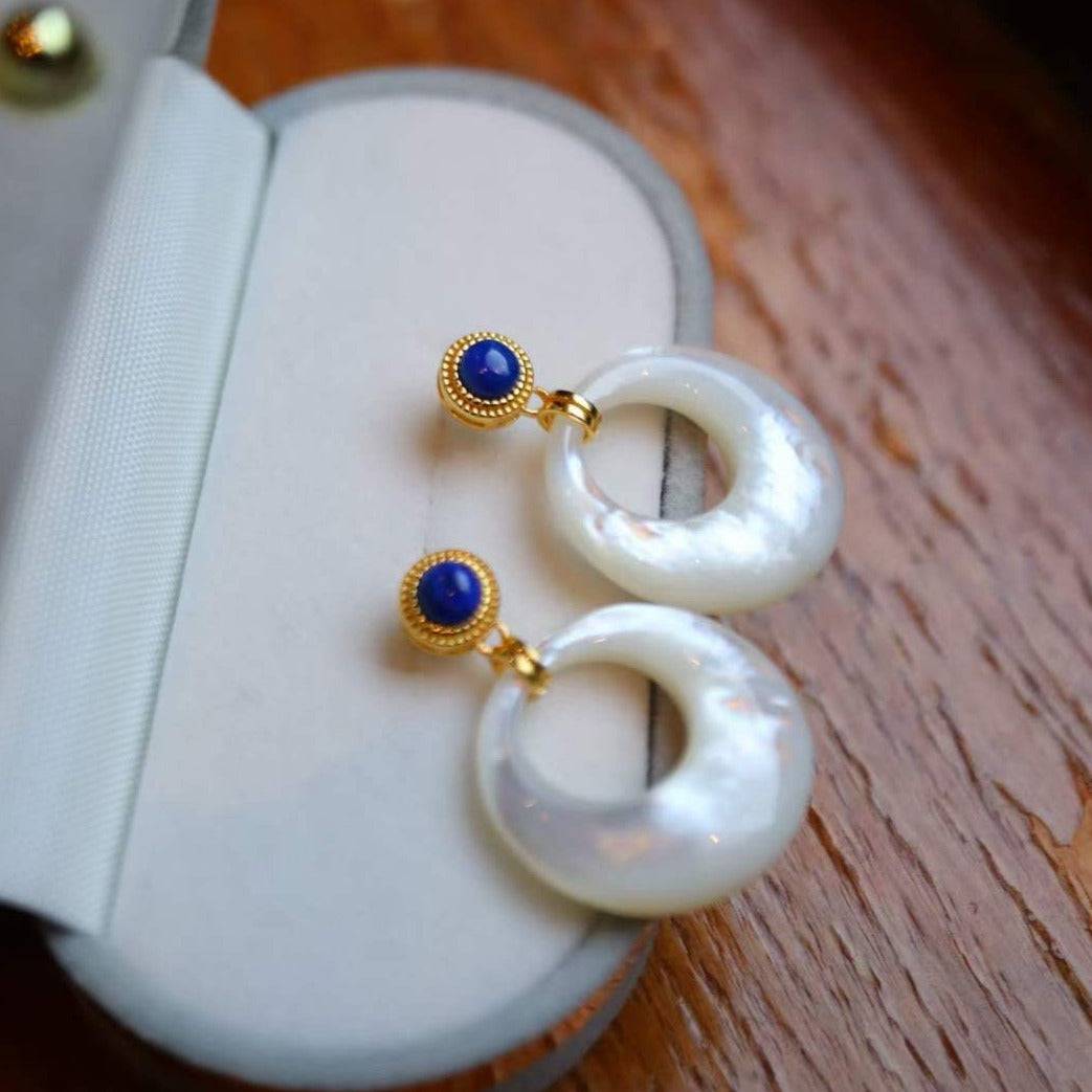 Lapis Lazuli and Mother of Pearl Earrings in Gold Vermeil