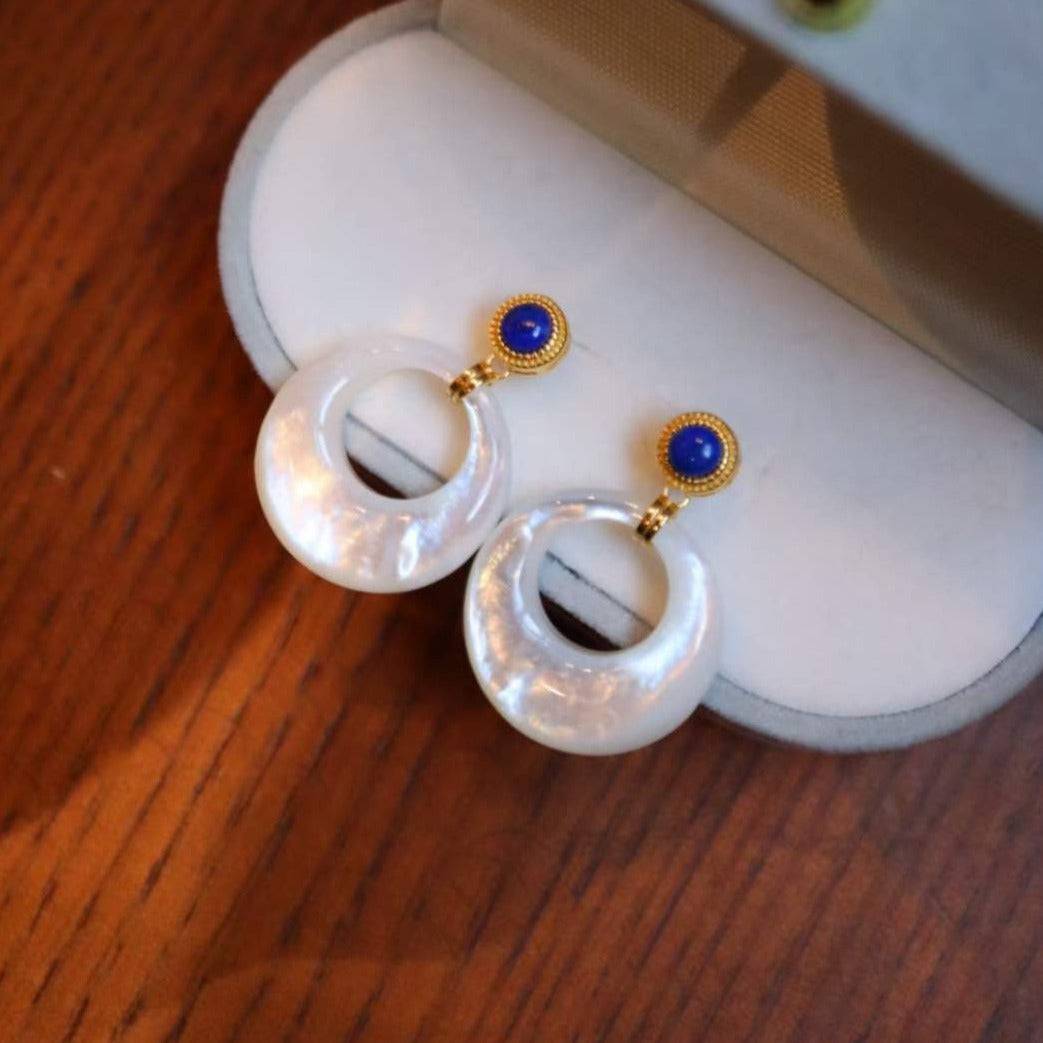 Lapis Lazuli and Mother of Pearl Earrings in Gold Vermeil