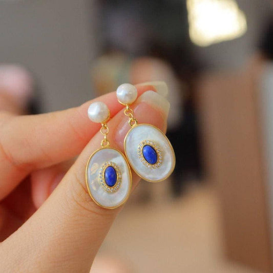 Blue Lapis Lazuli Mother of Pearl Earrings in Gold Vermeil