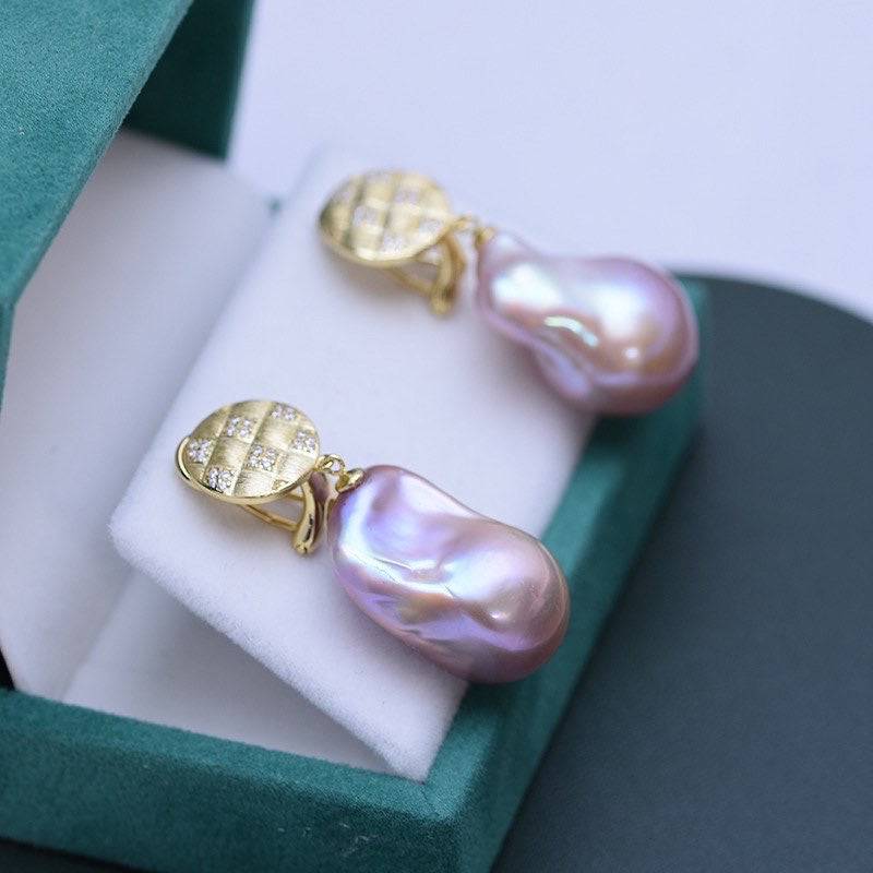 Elegant Purple Large Baroque Pearls Earrings