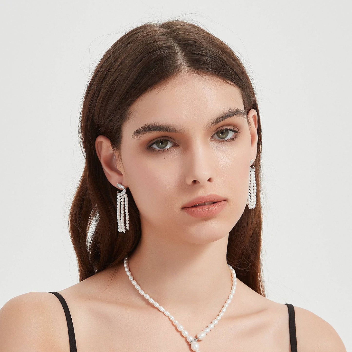 Curved Multi-Chain Pearl Earrings with Cubic Zirconia