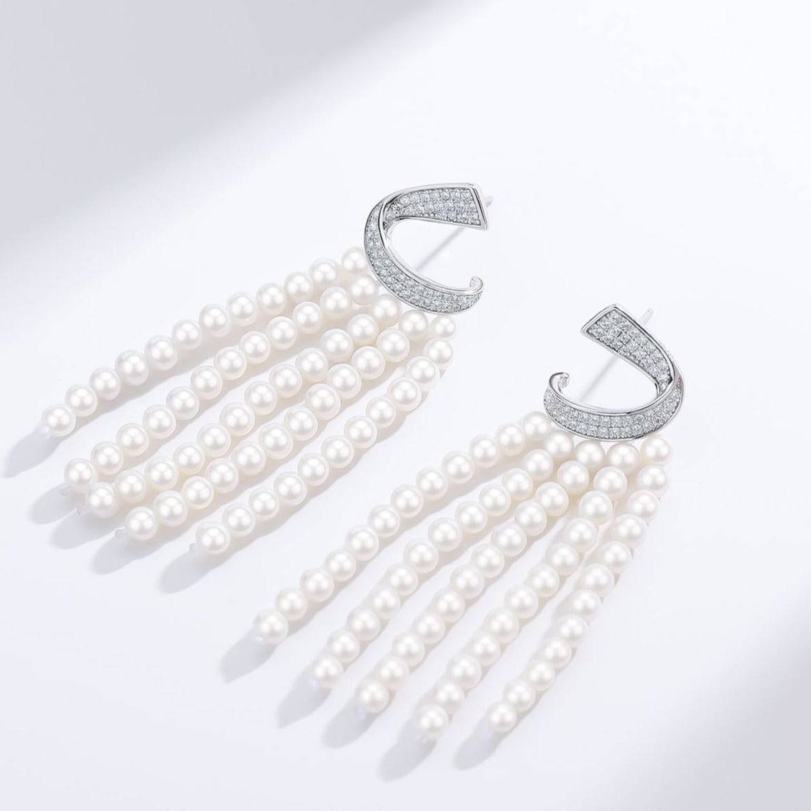 Curved Multi-Chain Pearl Earrings with Cubic Zirconia