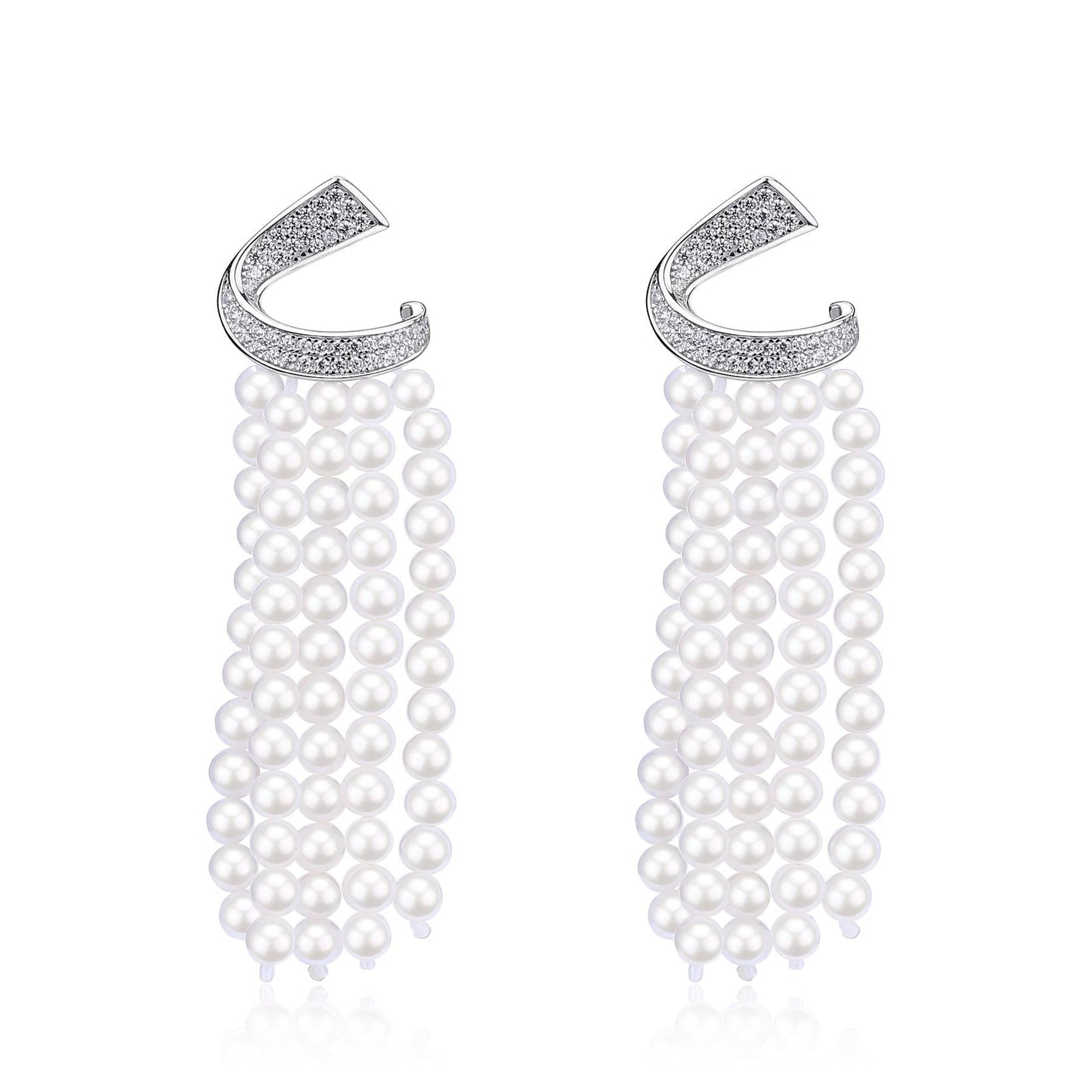 Curved Multi-Chain Pearl Earrings with Cubic Zirconia