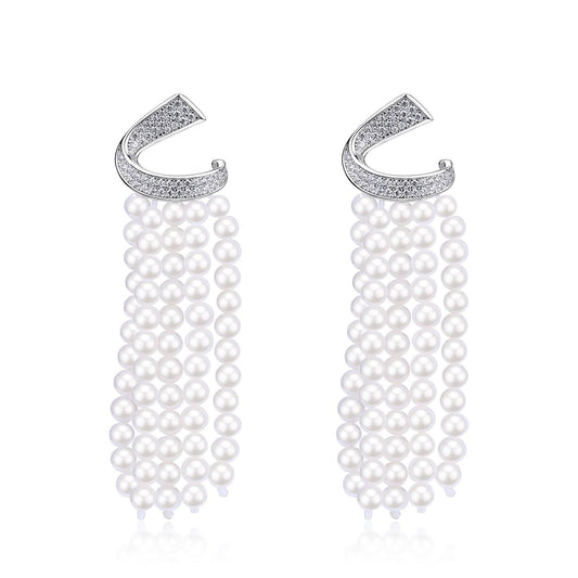 Curved Multi-Chain Pearl Earrings with Cubic Zirconia