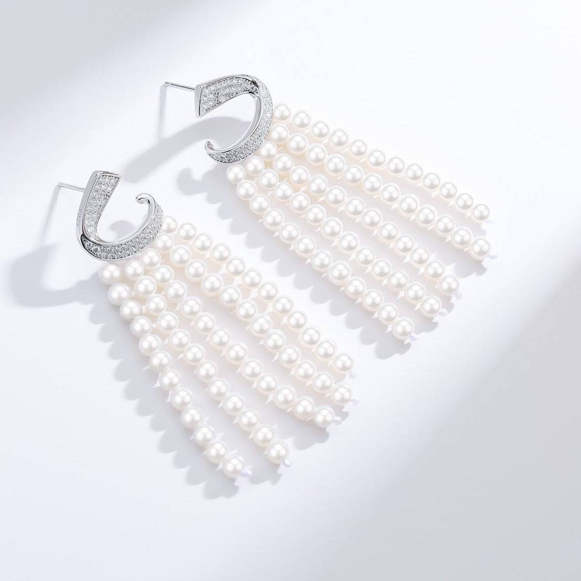 Curved Multi-Chain Pearl Earrings with Cubic Zirconia