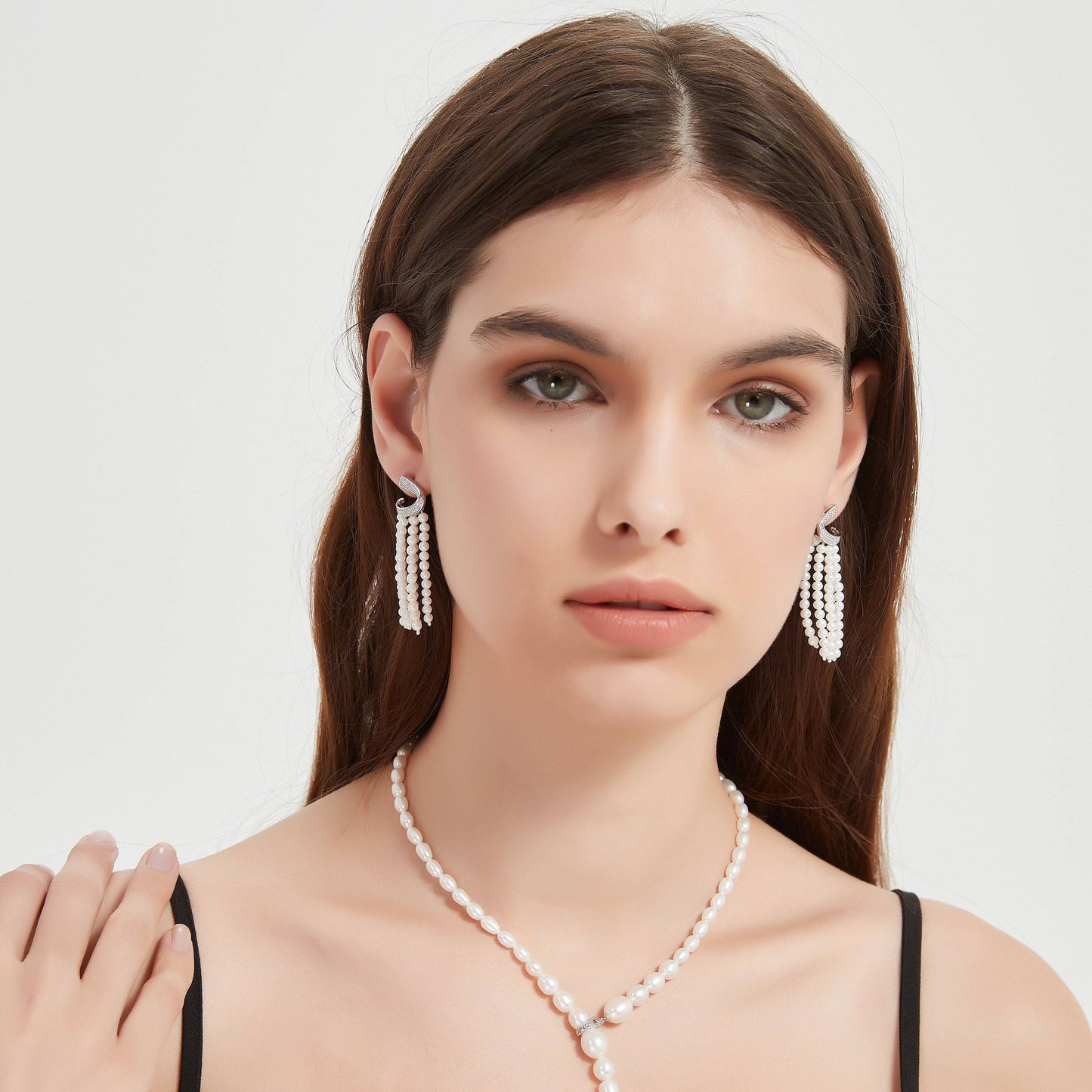 Curved Multi-Chain Pearl Earrings with Cubic Zirconia