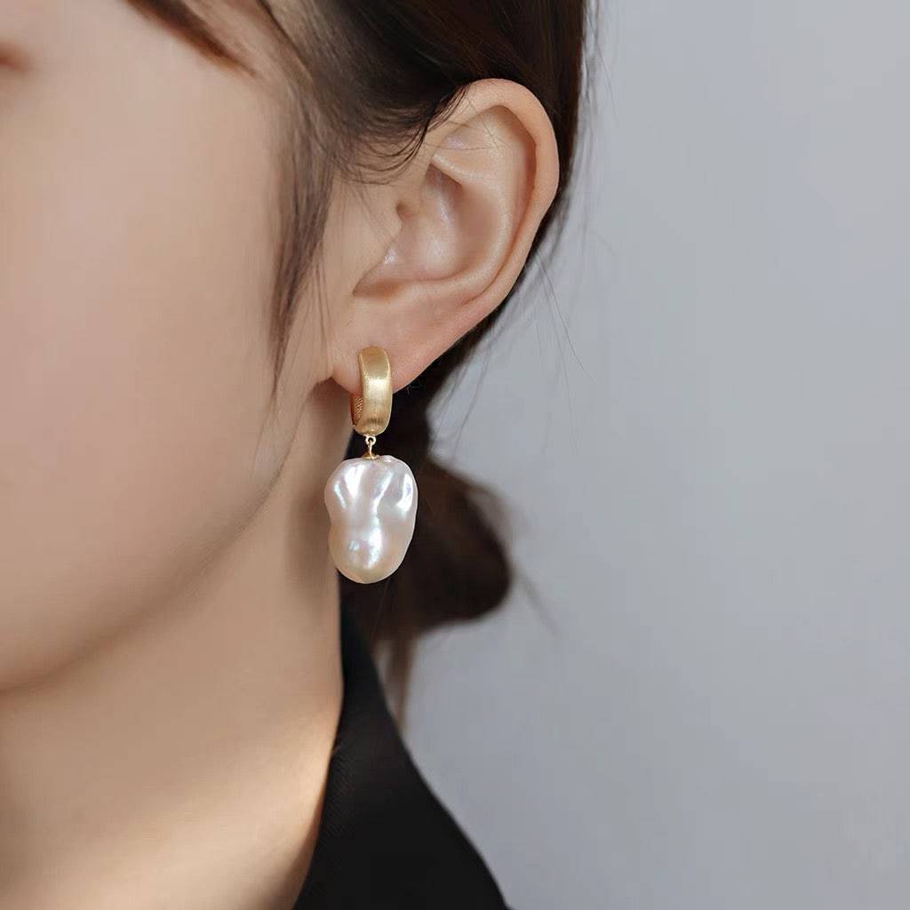 Matte Gold Large Baroque Pearl Hoop Earrings