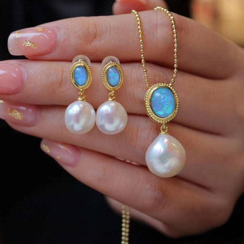 Baroque Pearl Earrings with Opal in Gold Vermeil