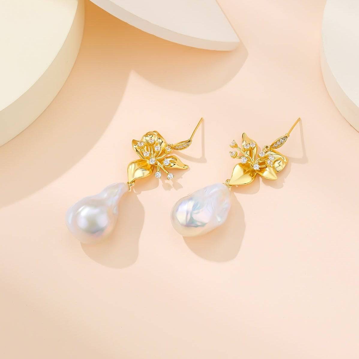 Elegant Floral Baroque Pearl Drop Earrings