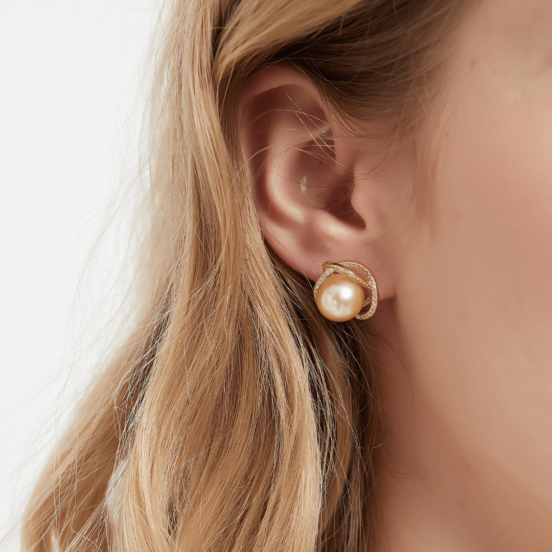 Golden South Sea Pearl and CZ Rose Earrings