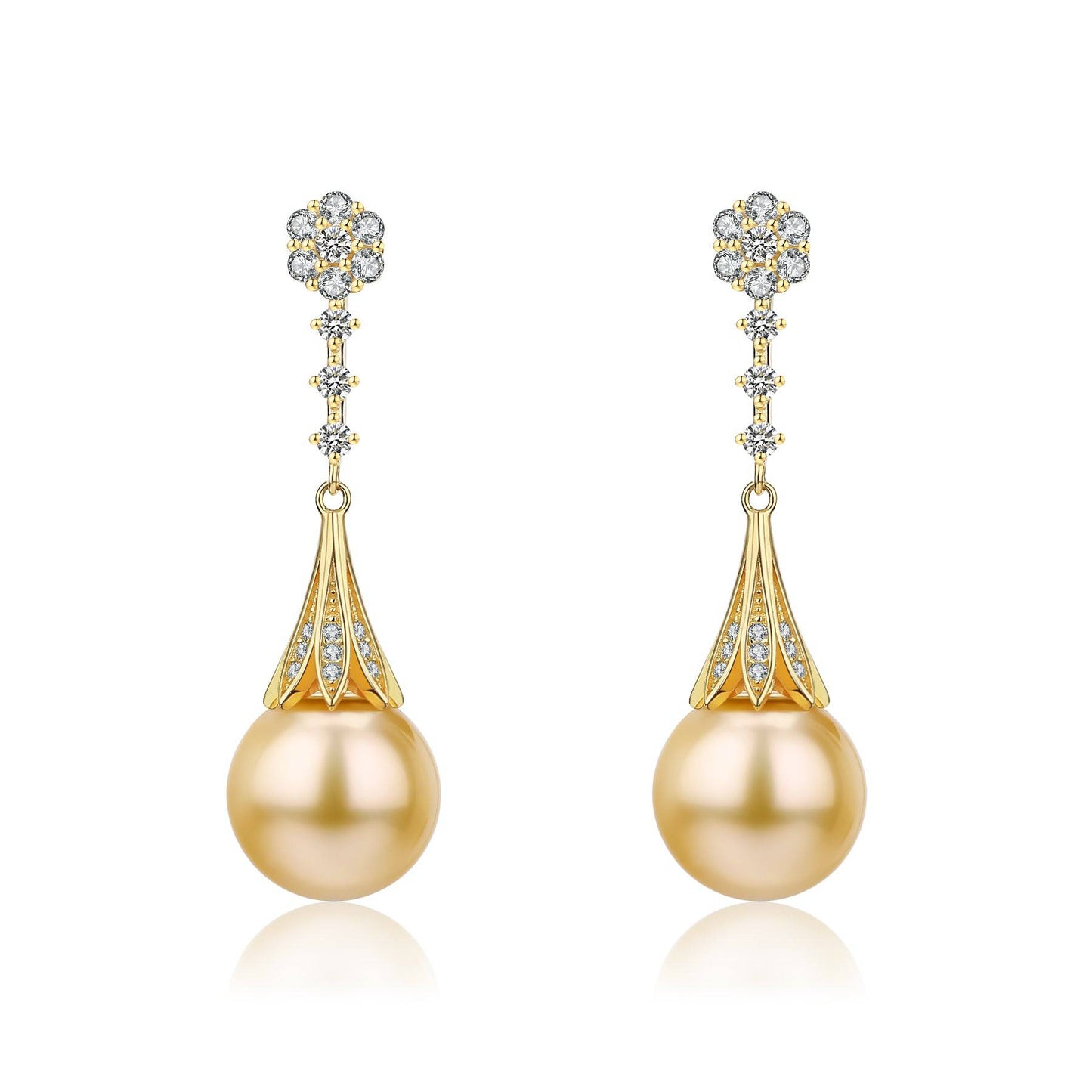 Daisy Earrings with Golden South Sea Pearl and CZ