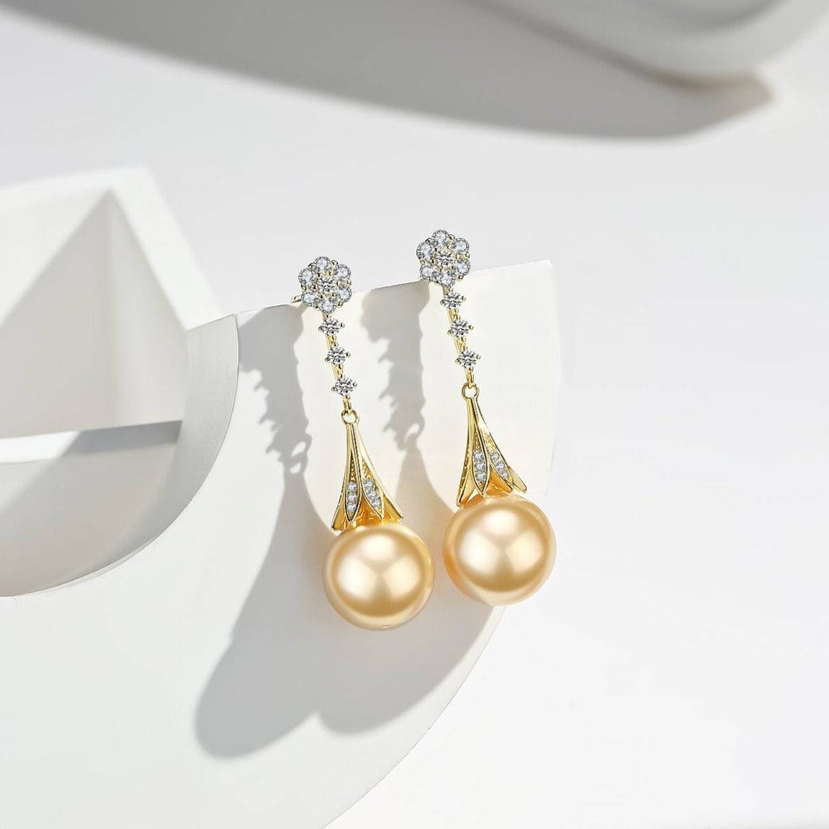 Daisy Earrings with Golden South Sea Pearl and CZ