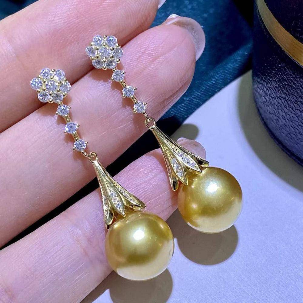 Daisy Earrings with Golden South Sea Pearl and CZ