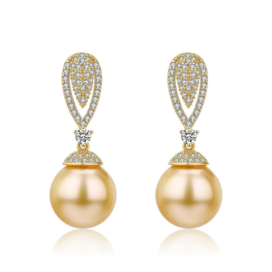 Elegant Golden South Sea Pearl and Cubic Zirconia Earrings