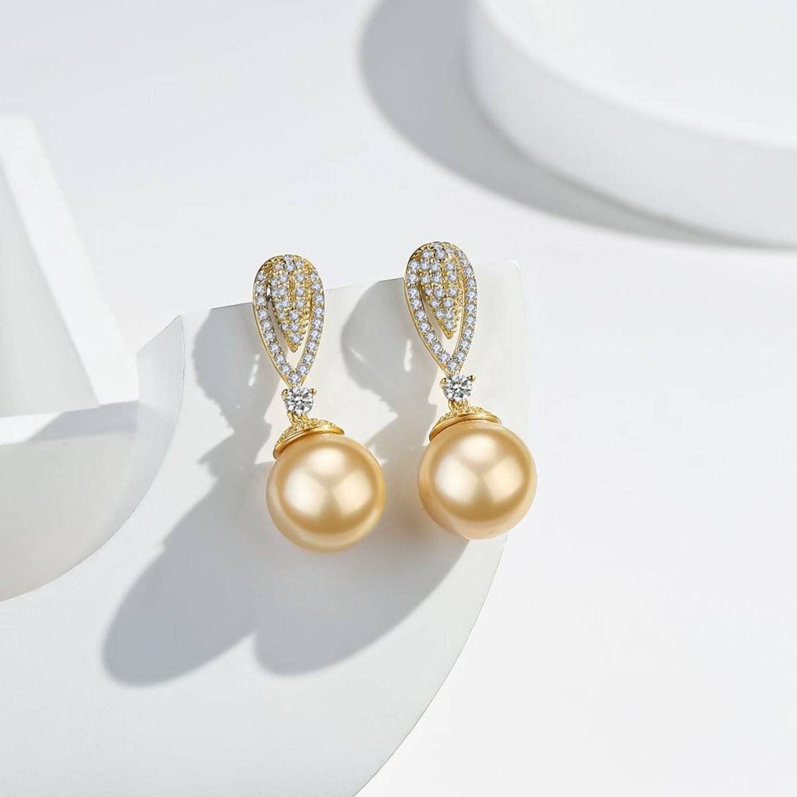 Elegant Golden South Sea Pearl and Cubic Zirconia Earrings