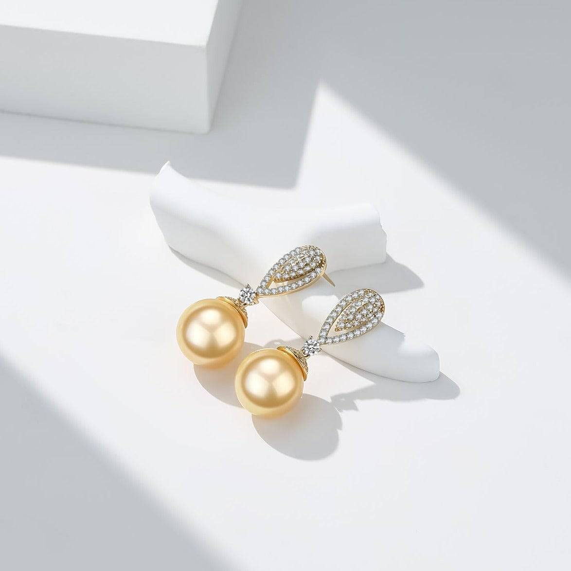 Elegant Golden South Sea Pearl and Cubic Zirconia Earrings