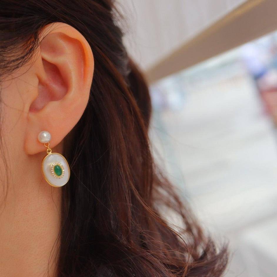 Green Onyx and Mother of Pearl Gold Earrings