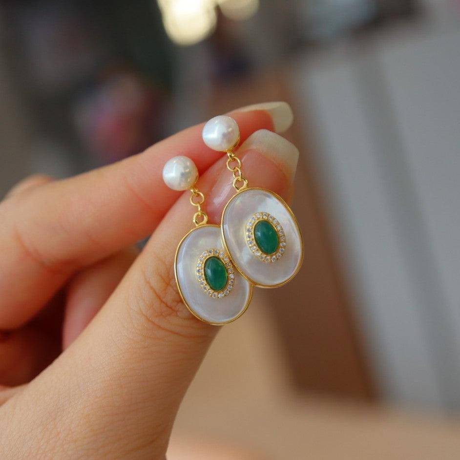 Green Onyx and Mother of Pearl Gold Earrings