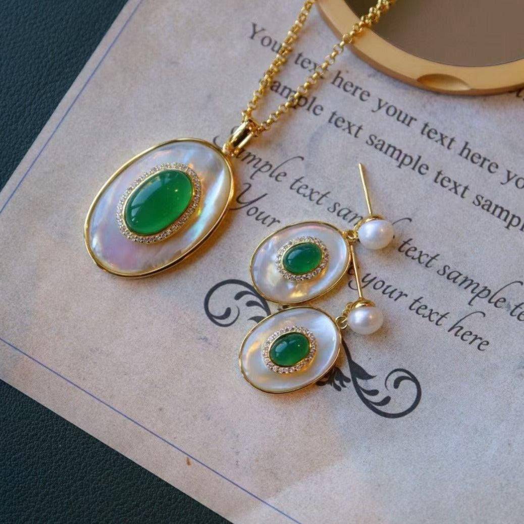 Green Onyx and Mother of Pearl Gold Earrings