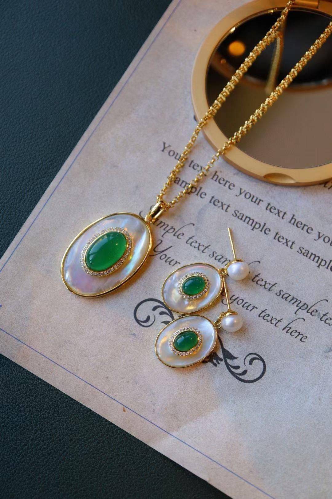 Green Onyx and Mother of Pearl Gold Earrings