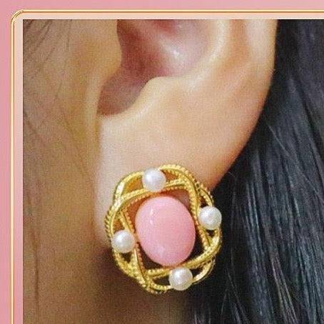 Square Pink Conch Shell Pearl Earrings in Gold Vermeil