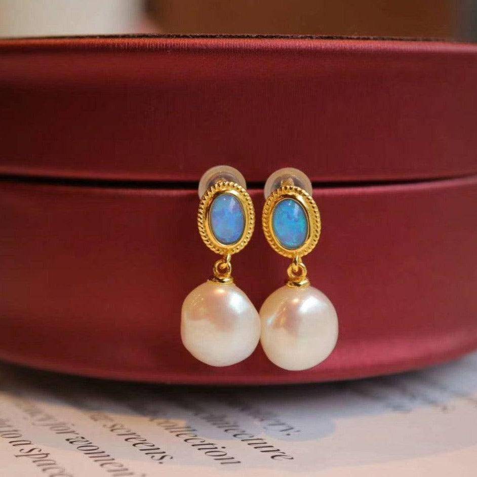 Baroque Pearl Earrings with Opal in Gold Vermeil