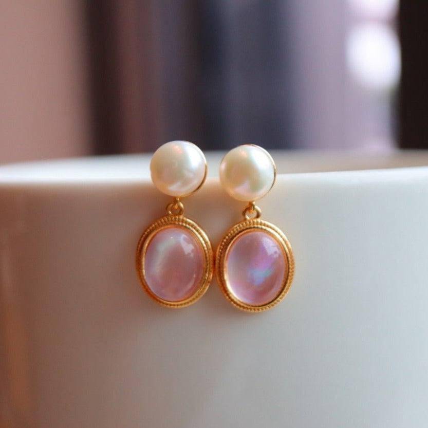 Natural Pink Crystal and Mother of Pearls Earrings