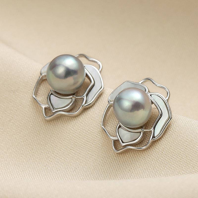 Silver Earrings with Blue Seawater Pearls