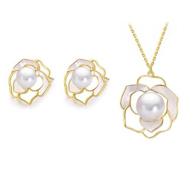 White Mother of Pearls Rose Jewelry Set