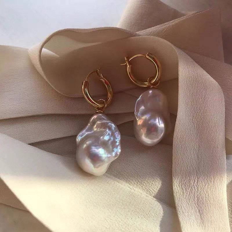 Large Baroque Pearl Drop Hoop Earrings