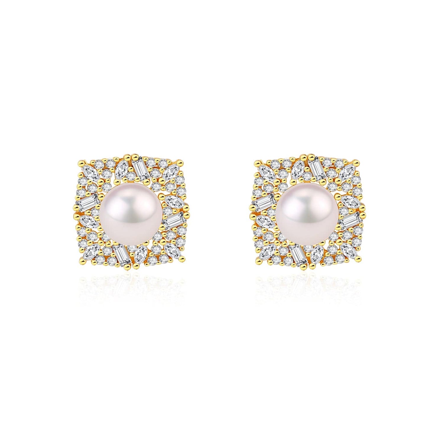 Square CZ Pendant Freshwater Pearl Earrings in Gold Vermeil