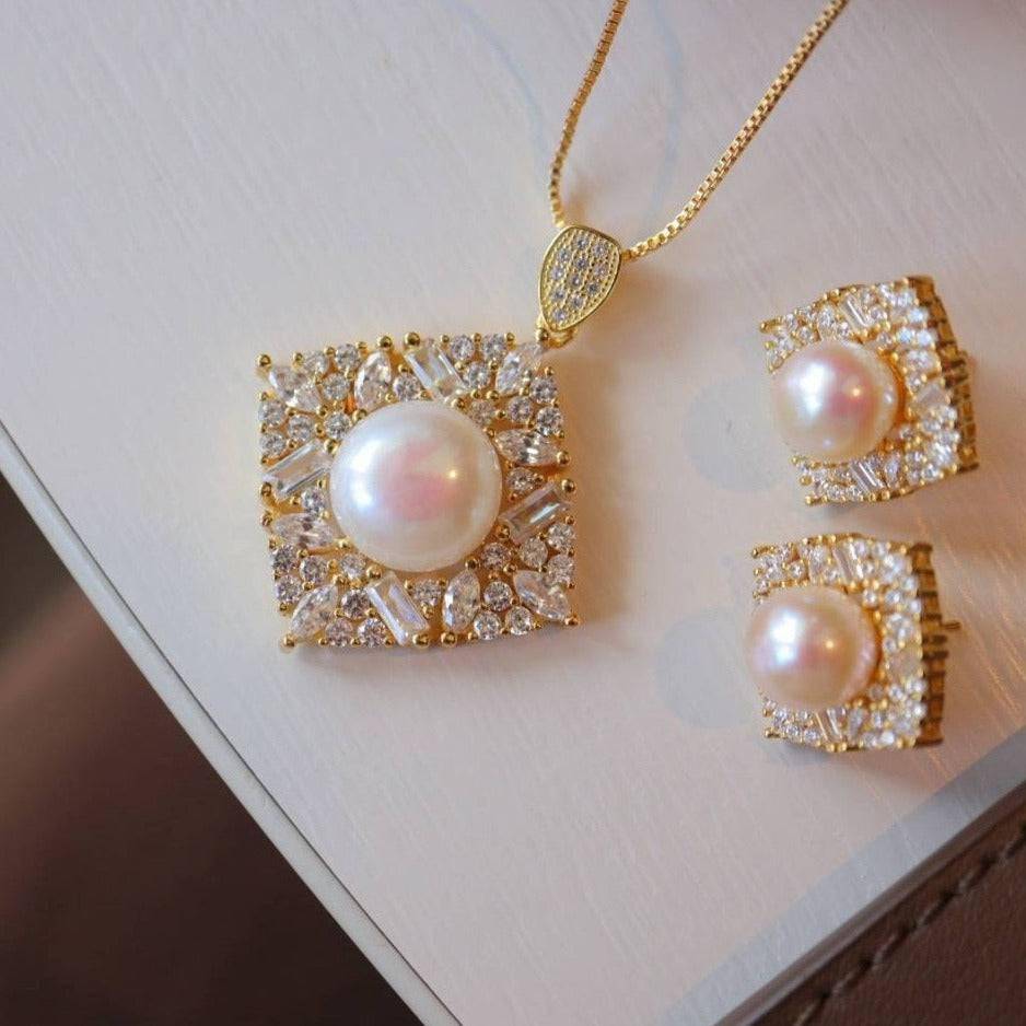 Square CZ Pendant Freshwater Pearl Earrings in Gold Vermeil