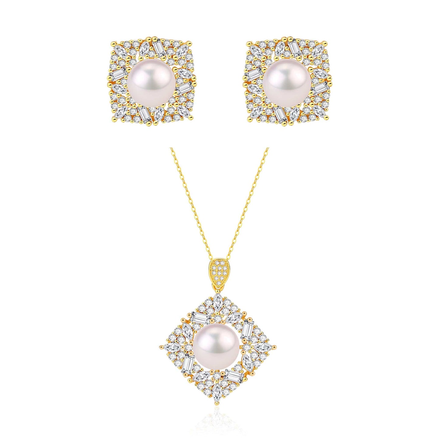 Square CZ Pendant Freshwater Pearl Earrings in Gold Vermeil