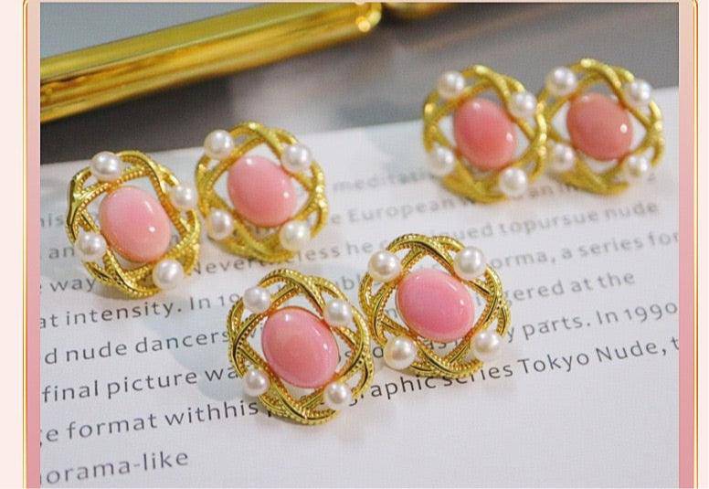 Square Pink Conch Shell Pearl Earrings in Gold Vermeil