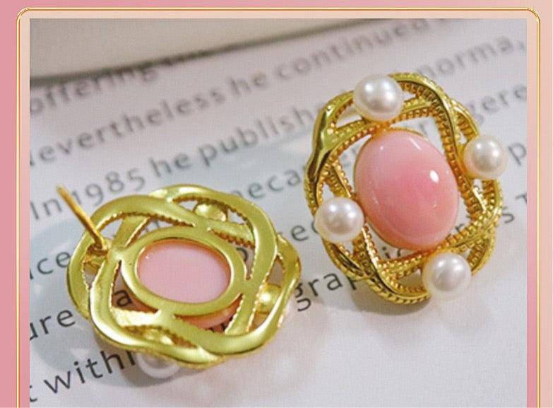 Square Pink Conch Shell Pearl Earrings in Gold Vermeil