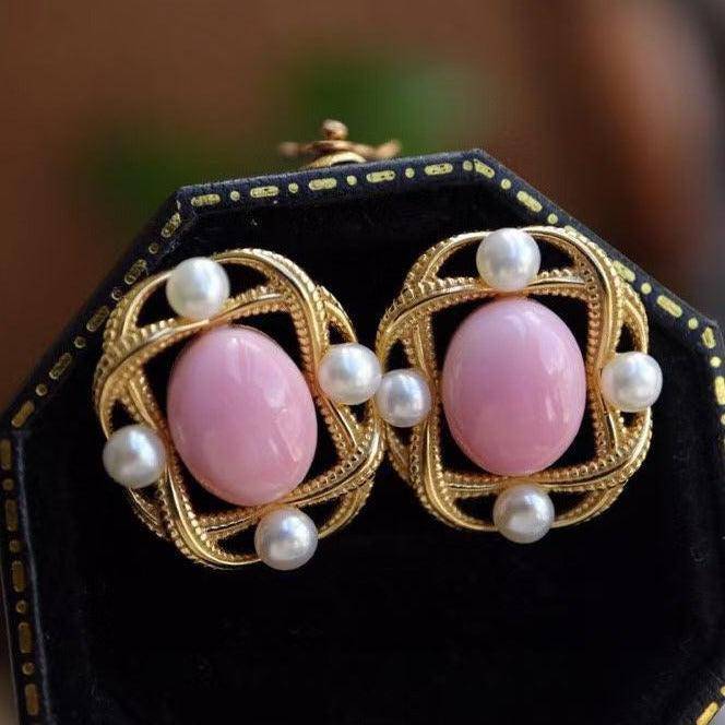 Square Pink Conch Shell Pearl Earrings in Gold Vermeil