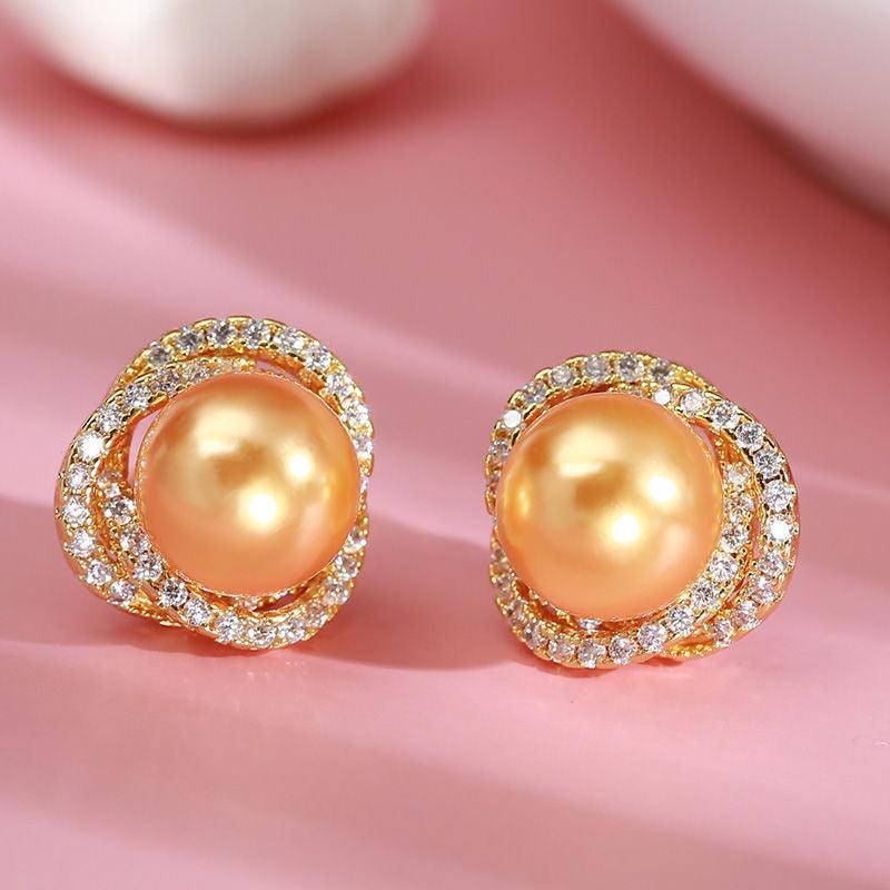 Golden South Sea Pearl and CZ Rose Earrings